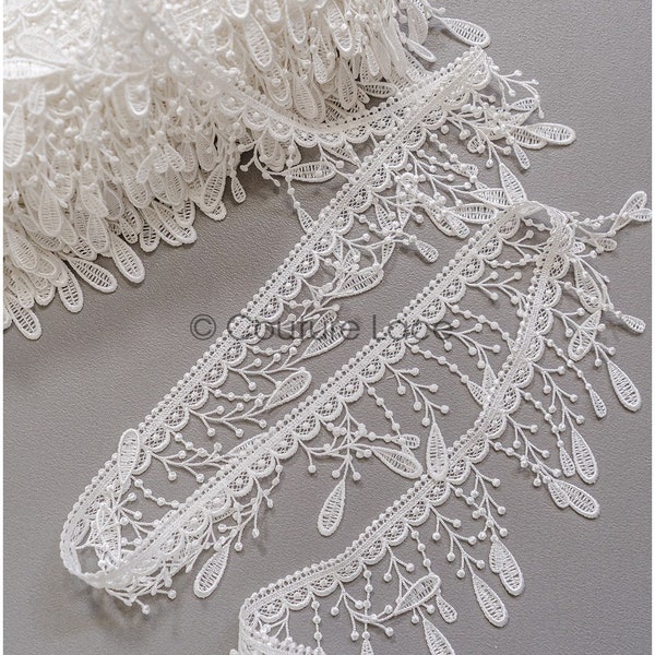 T22-181 - 4yds // garniture de dentelle de crochet boho à franges / garniture de dentelle géométrique / garniture de dentelle guipure de mariée / garniture de dentelle à points