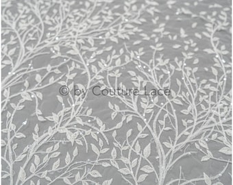 L20-401 // Beau tissu de dentelle perlée avec de petites feuilles, tissu de dentelle couture avec perles et paillettes, dentelle de mariée avec branches et feuilles