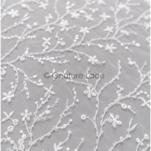 L22-174B // Beautiful beaded lace fabric with small leafs, couture lace fabric with beads and sequins, bridal lace with branches and leafs