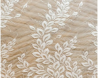 Leaf lace fabric, wedding lace fabric, bridal lace, Couture Lace, Sequin Lace fabric, wedding dress lace, Flower lace fabric - (L17-011)