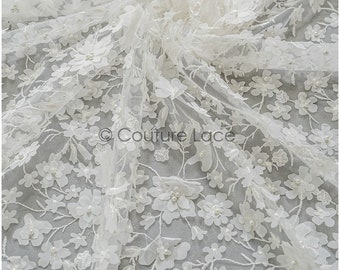 Beaded 3D Flower Bridal Lace Fabric: Off-White Polyester - L22-039
