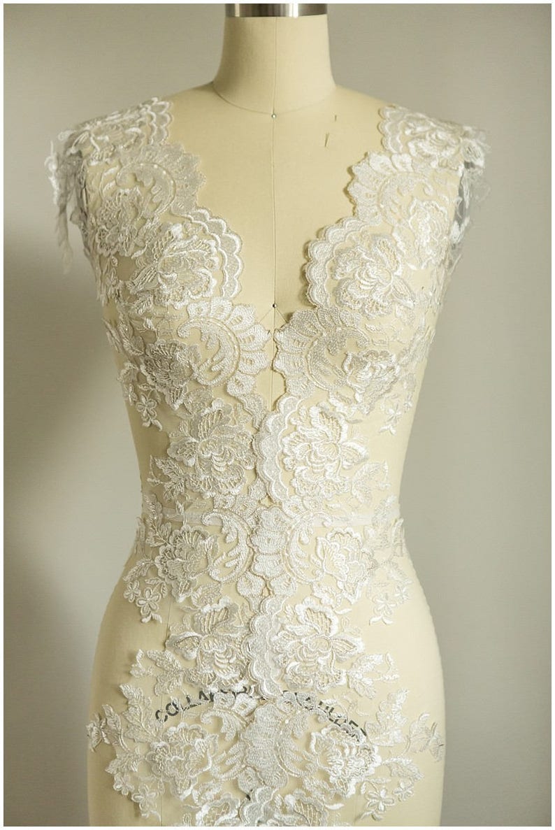 Wedding dress lace trim - Flower Lace Trim lace Applique Pair = 2 yards totall 2x mirrored IVORY SILVER Lace Trim T17-018