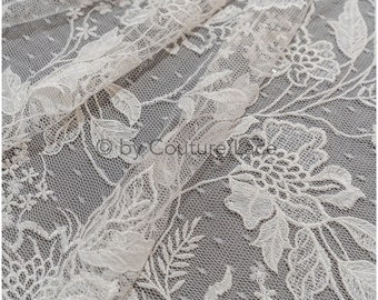 L19-319 // Français tissu de dentelle brodé sur tulle à points, tissu de dentelle fleur avec points, tissu de dentelle à pois, dentelle de coton, tissu de dentelle de mariée