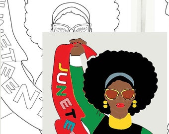 Afro Chic Fist Up - Juneteenth - Afro Lady with Banner - Painting Canvas Line Art - Paint and Sip  Canvas