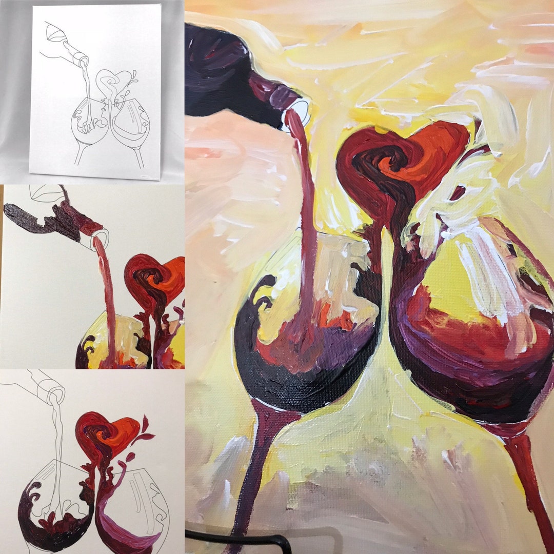 Paint and Sip Wine Glass Drawing Pouring Wine in Two Glasses Pre Drawn
