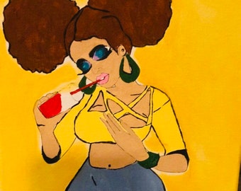 Afro Puff Teen 12 by 16 inch Sip and Paint Party  - Girl Sipping  - Pre Drawn DIY Canvas