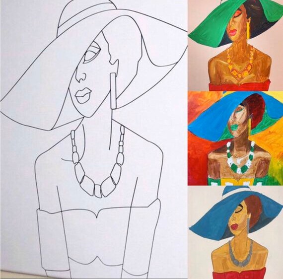 Lady Wearing Hat Predrawn Paint And Sip Canvas Diy Paint Party Canvas