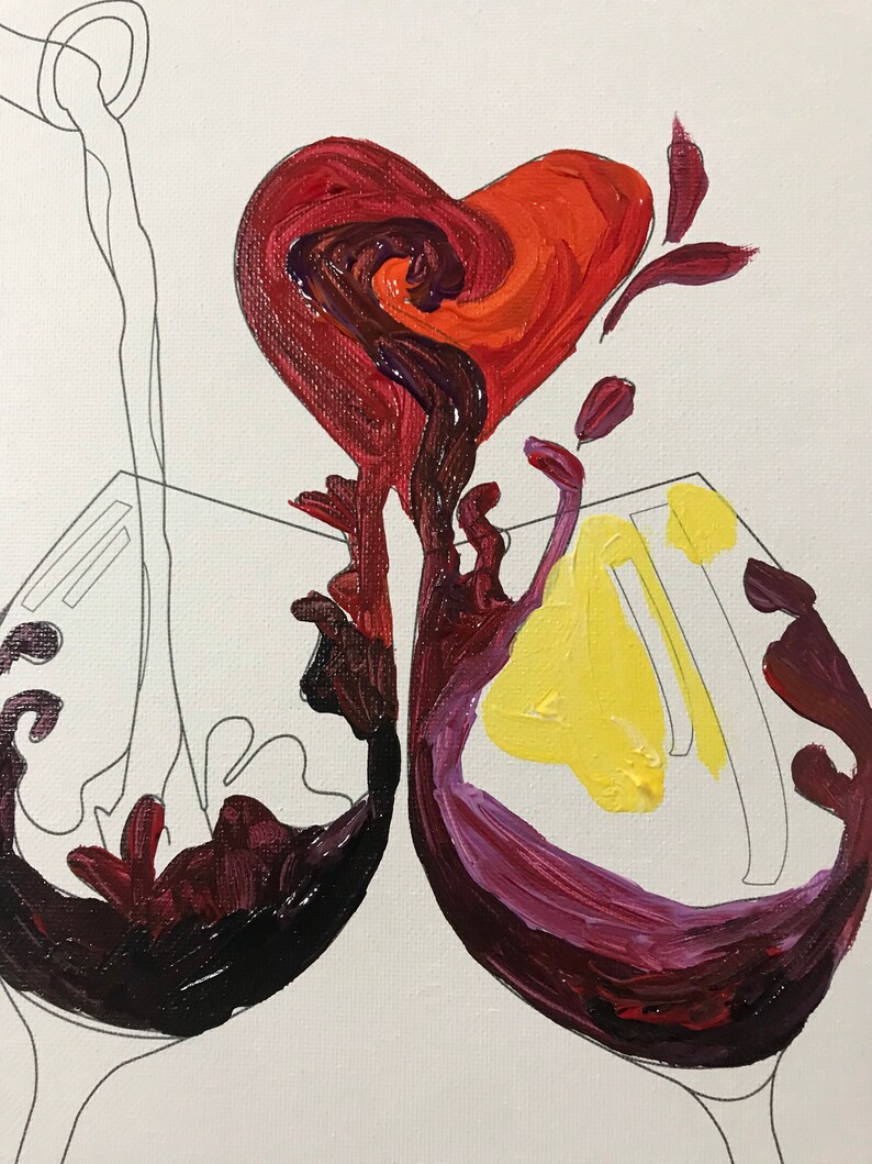 Peindre et siroter un dessin de verre à vin Verser du vin dans deux verres Bouteille de vin pré-dessinée et coeur Toile de fête de peinture pour adultes image 4