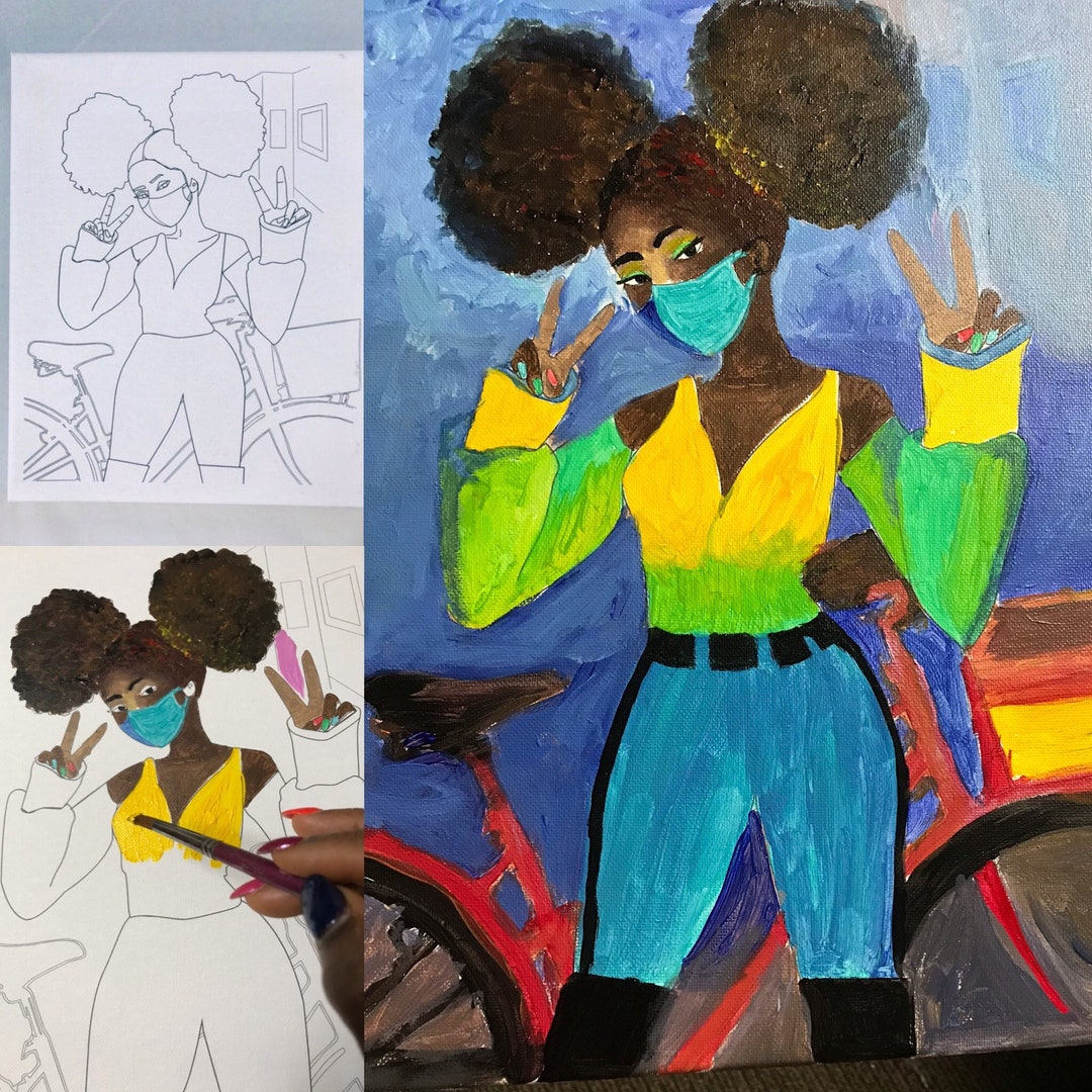 Teen Sip and Paint Canvas Afro Puff Biker With Peace Sign DIY Painting