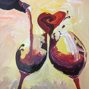 Peindre et siroter un dessin de verre à vin Verser du vin dans deux verres Bouteille de vin pré-dessinée et coeur Toile de fête de peinture pour adultes image 2