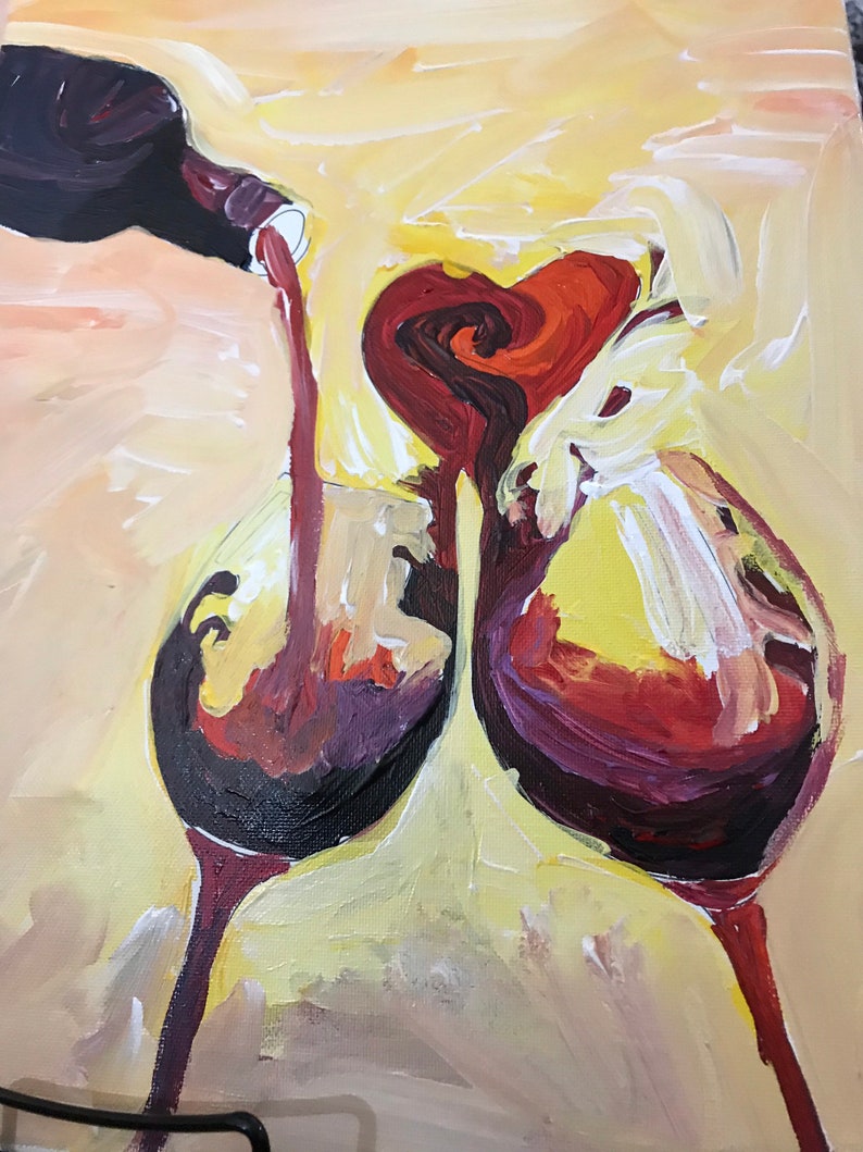 Peindre et siroter un dessin de verre à vin Verser du vin dans deux verres Bouteille de vin pré-dessinée et coeur Toile de fête de peinture pour adultes image 2