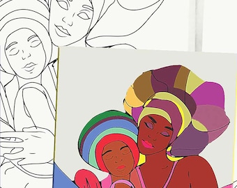 DIY Mother and Child in Head Wraps Predrawn canvas - Paint and Sip Art Canvas