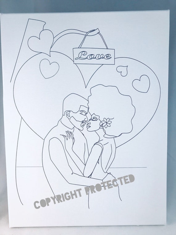 Black Couple In Love Drawing Predrawn Canvas Love Paint Etsy