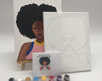 Afro Queen Portrait - 12 by 16 inch Lady in afro Canvas - Predrawn canvas - Paint and Sip Art Canvas