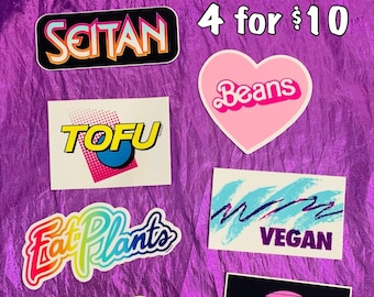 VEGAN STICKER PACK - Pick 4 Vinyl Decals Set Deal - Retro Pop Culture 70s 80s 90s y2k Plant Based Food Foodie Horror Spooky Food - Power Co