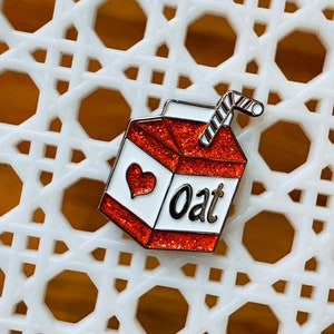 OAT MILK PIN - Red Glitter soft enamel non dairy mylk pins - plant based vegan badge kawaii retro back to school - Vegan Power Co