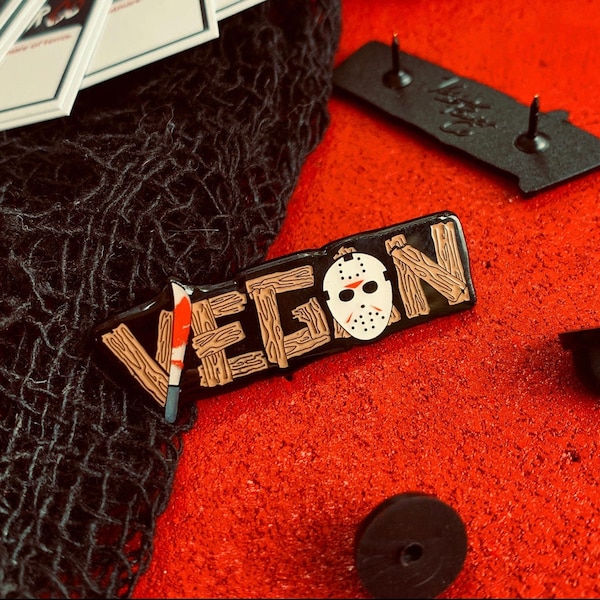 VEGAN KILLER PIN - 80s Camp Killer movie Enamel lapel badge - 1980s Slasher teen horror pins hockey mask knife maniac mash up Vegan Power Co