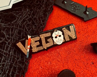 VEGAN KILLER PIN - 80s Camp Killer movie Enamel lapel badge - 1980s Slasher teen horror pins hockey mask knife maniac mash up Vegan Power Co