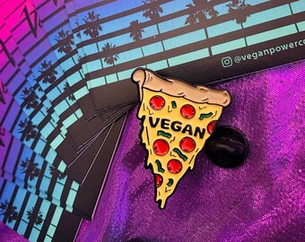 VEGAN PIZZA PIN - Plant Based Veggie Pepperoni Slice enamel pins - Retro Fast Food Lover Foodie Badge Gift Vegan Cheese - Vegan Power Co