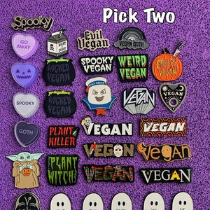 SPOOKY & VEGAN PINS - Pick Two - Enamel Pin Set - Halloween 80s horror movies goth witchy creepy monster Lapel Badges - Vegan Power Fright