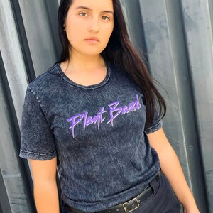 PLANT BASED T SHIRT - Grey Black Acid Wash Unisex Tee - 80s Purple movie parody rock band style mineral wash tshirt - Vegan Power Co