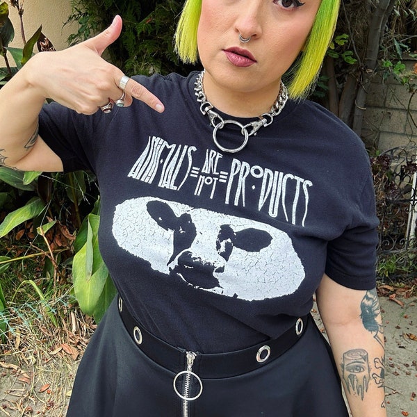 Animals Are Not Products - Vegan Cow T Shirt - vintage style tee distressed and faded black - 80s Goth band logo rocker metal punk Power Co