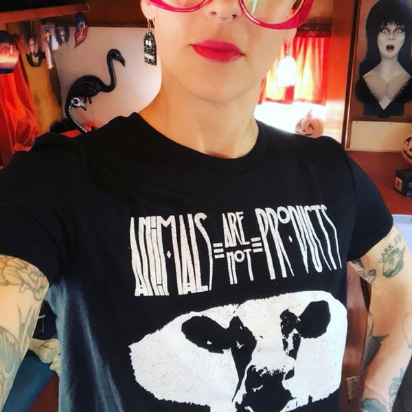 Vegan Cow Crop Top - Animals Are Not Products - Goth Rocker inspired t shirt - Alt Punk Metal rock vintage style cropped tee Vegan Power Co