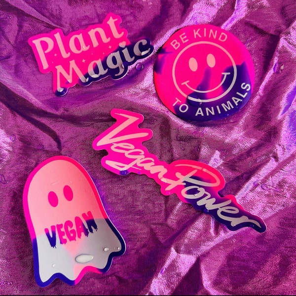 COLOR CHANGE Vegan Stickers - Plant Magic Be Kind To Animals Ghost or Vegan Power - 80s 90s colour morph vinyl decals magical witch witchy