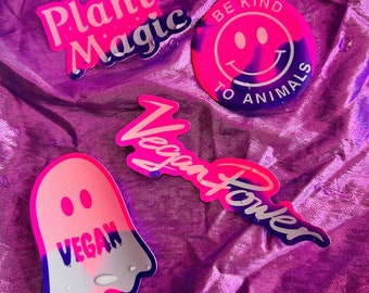 COLOR CHANGE Vegan Stickers - Plant Magic Be Kind To Animals Ghost or Vegan Power - 80s 90s colour morph vinyl decals magical witch witchy