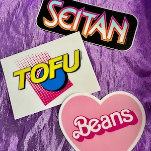 VEGAN STICKER SET - Plant Based Proteins - Tofu Seitan Beans water resistant vinyl stickers pack - 80s 90s logo style decals foodie Power Co