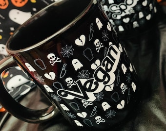 VEGAN MUG - Spooky 11 oz Black Ceramic Mugs Retro 80s Doll style logo coffee cup Ghost Coffin Skull Web Goth Gothic Halloween gift Power Co