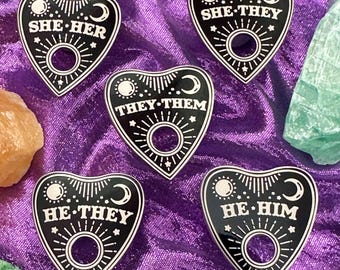 PLANCHETTE PRONOUN Pins - Spirit Board enamel pin - Gender Queer Trans LGBTQ badge Spooky Goth Witchy Gothic - Vegan Power Co