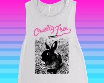 Cruelty Free Bunny Tank Top - Vegan lipstick muscle tanktop - 70s 80s Punk Rock Glam Rocker band logo style shirt makeup cosmetics Power Co