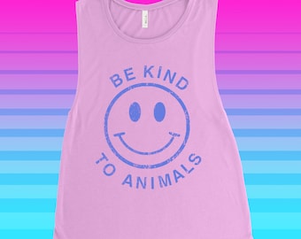Be Kind To Animals Tank Top - retro 80s VHS sticker style muscle tanktop - Vegan shirt Be Kind To All Kinds plant based babe gift - Power Co