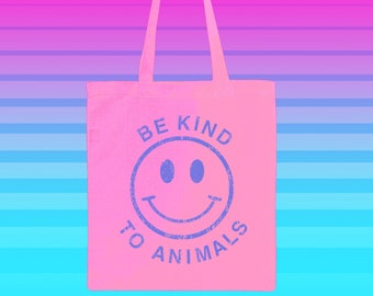 Be Kind To Animals Totebag - 80s face vegan pink heavy duty recycled tote bags - punk activist Anti Speciesism animal lover gift - Power Co