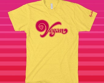 VEGAN HEART T SHIRT - Retro Rocker 70s 80s rock logo style yellow red glitter heart - Valentine's Day Veganism glam band gift Vegan Power Co