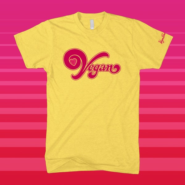 VEGAN HEART T SHIRT - Retro Rocker 70s 80s rock logo style yellow red glitter heart - Valentine's Day Veganism glam band gift Vegan Power Co