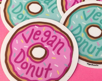 VEGAN DONUT STICKER - Choose Pink or Blue Die Cut Vinyl Decal - Retro Doughnut Shop style Sprinkle Frosting Kawaii Foodie - Vegan Power Co