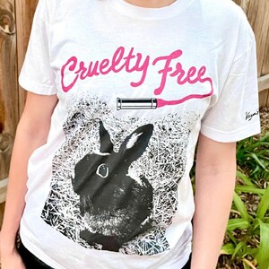 CRUELTY FREE BUNNY T Shirt - vegan retro band tee style - 70s 80s Glam Rock rocker punk alt lipstick beauty rabbit anti vivisection Power Co