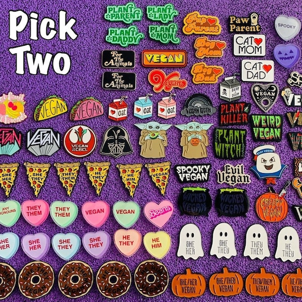 VEGAN PIN DEAL: Two Pins Per Set - write your choices below - plant based food foodie spooky pop culture horror lapel badge gift - Power Co