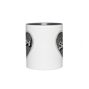 May include: White ceramic mug with a black rim. The mug has a black and white graphic of a heart with a spiderweb and the word "Spooky" on it.
