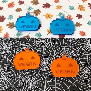 Vegan Pixel Pumpkin Acrylic Earrings - Choose Orange or Teal Blue Mirror Jack O&#39;Lantern Halloween Spooky Cute Spoopy Charm Retro 8 bit style