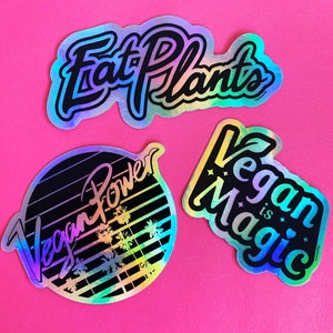 VEGAN STICKER SET - Holographic 80s 90s style Stickers Pack - Vaporwave Plant Based hologram iridescent vapourwave die cut decals Power Co