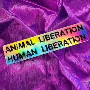Liberación Animal Liberación Humana - Pegatina de Vinilo Holográfica Interseccional Vegana Colectivo Liberación Antiespecismo Activista Poder Co