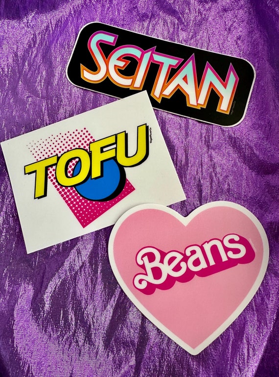 VEGAN STICKER SET - Plant Based Proteins - Tofu Seitan Beans water resistant vinyl stickers pack - 80s 90s logo style decals foodie Power Co