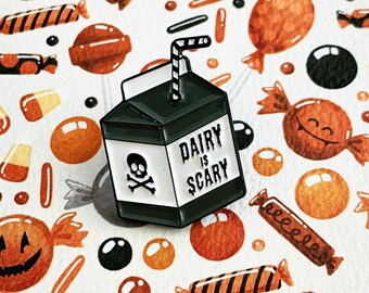 DAIRY IS SCARY - Vegan Enamel Pin - retro milk carton lapel badge -Anti Dairy Club spooky goth gothic skull plant based - Vegan Power Fright