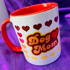 Dog Mom Mug - 11 oz Ceramic 70s Heart Gradient Vintage Style Coffee Mugs Fur Baby Mama Rescue Pet Mum Crazy Pup Lady gift cup Vegan Power Co