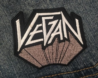 VEGAN METAL PATCH - Black & White Embroidered style applique - 80s band logo punk goth rocker - not iron on - Vegan Power Co