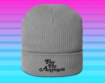 Gorro vegano de algodón orgánico con vuelta para los animales - Elige gris, verde o azul - Gorro de invierno vegano, activismo animal - Power Co