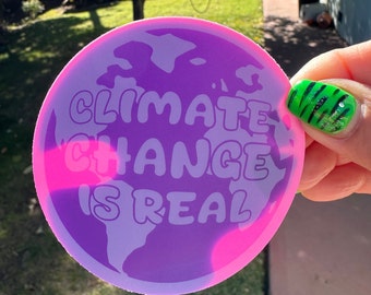 CLIMATE CHANGE STICKER - Climate Change is Real color morphing vinyl decal - changes from pink to purple when cold - save the planet earth